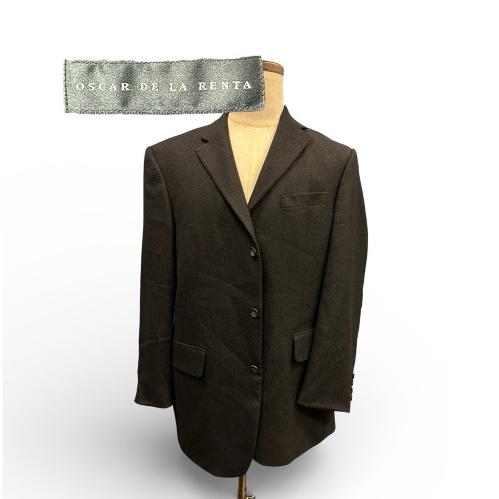 Oscar De‎ La Renta 40R Black Textured Micro-Herringbone Wool Blazer 3 Buttons